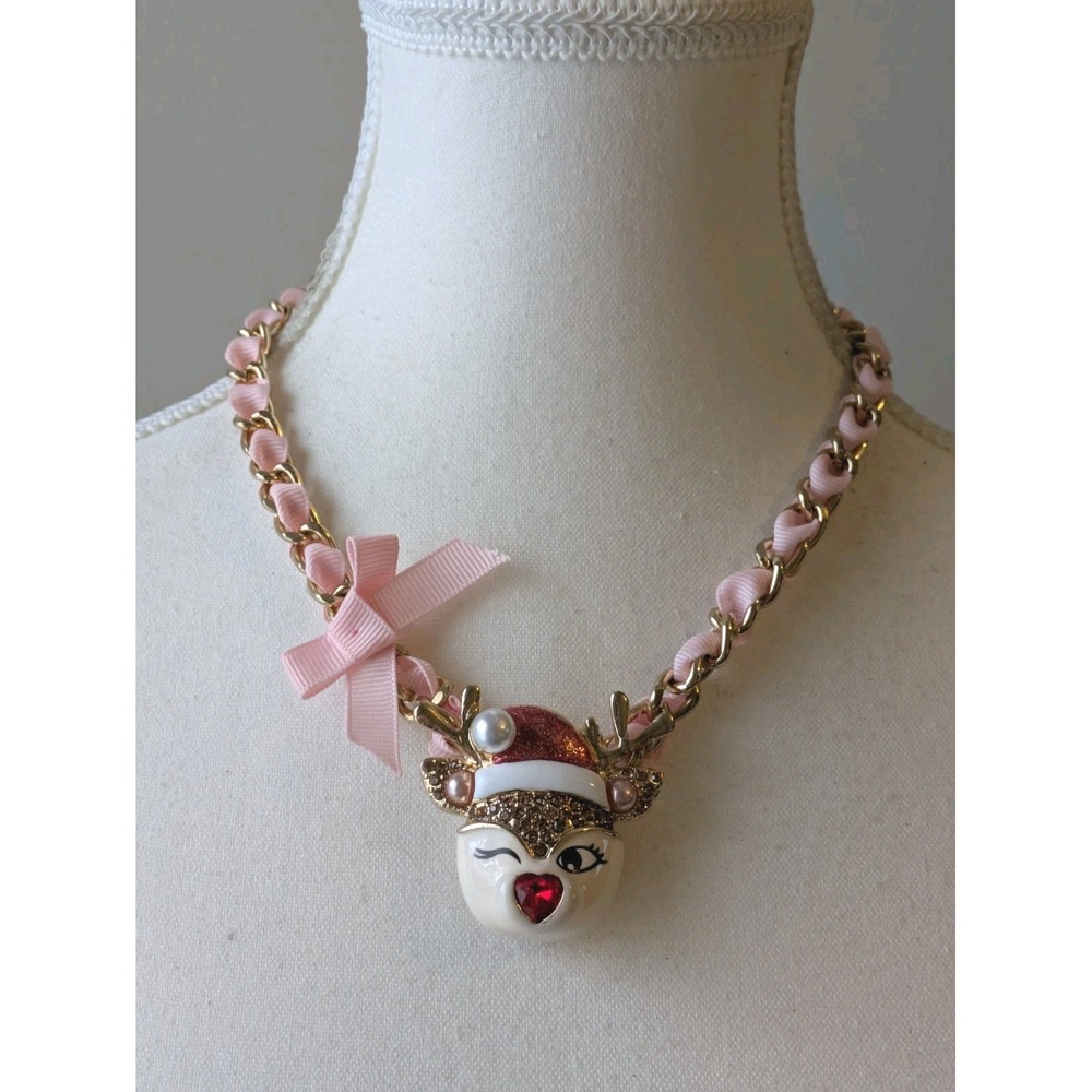 Betsey Johnson Jingle Bell Bling Christmas Reindeer Pendant Necklace Pink Gold